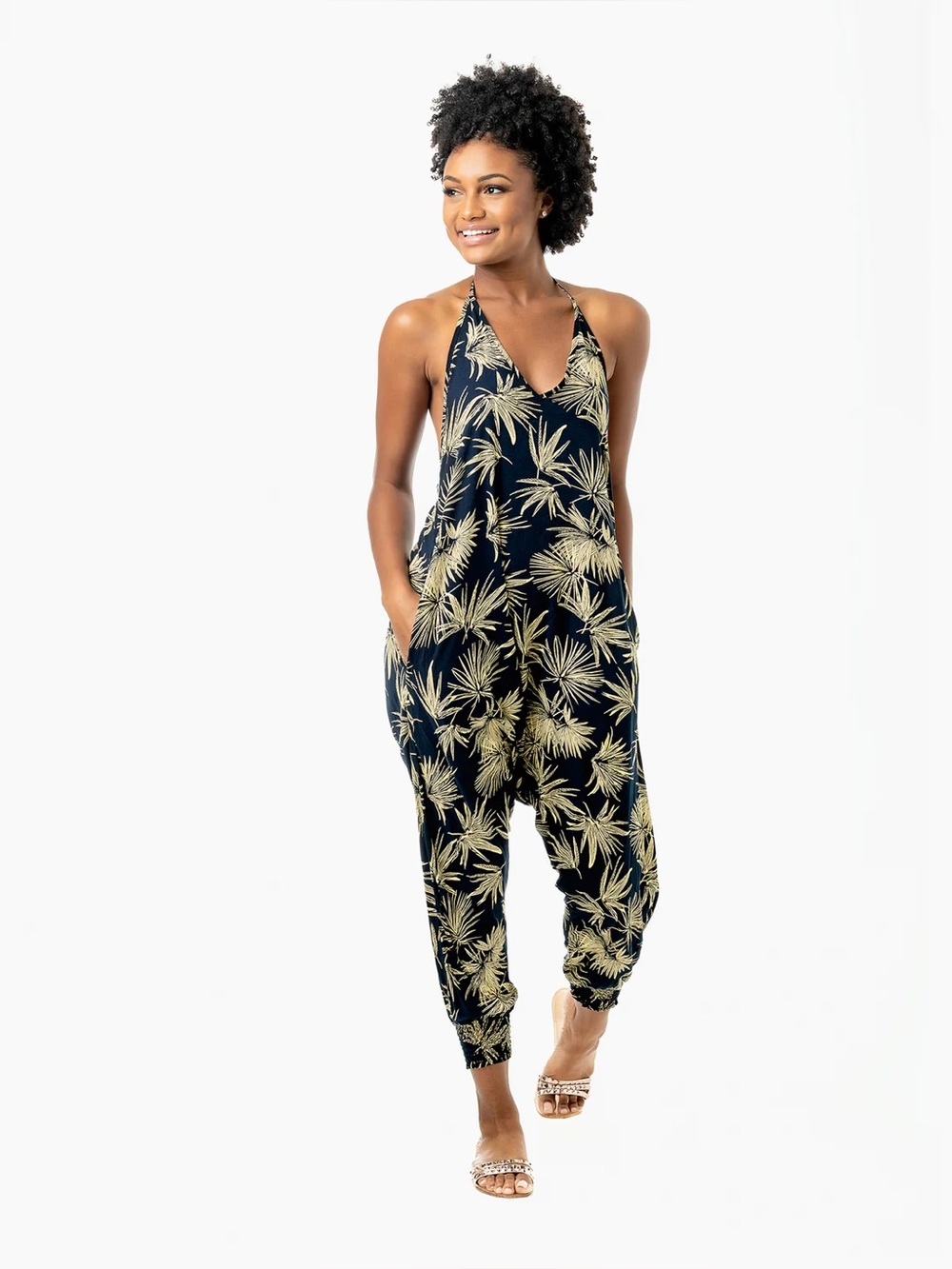 Buddha Pants Savannah Floral Harem Jumpsuit in Palm Frond